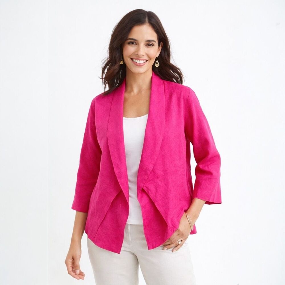 Chico’s 100% Linen Open Front Jacket‎ Size 1 Pink 3/4 Sleeve Lightweight Blazer